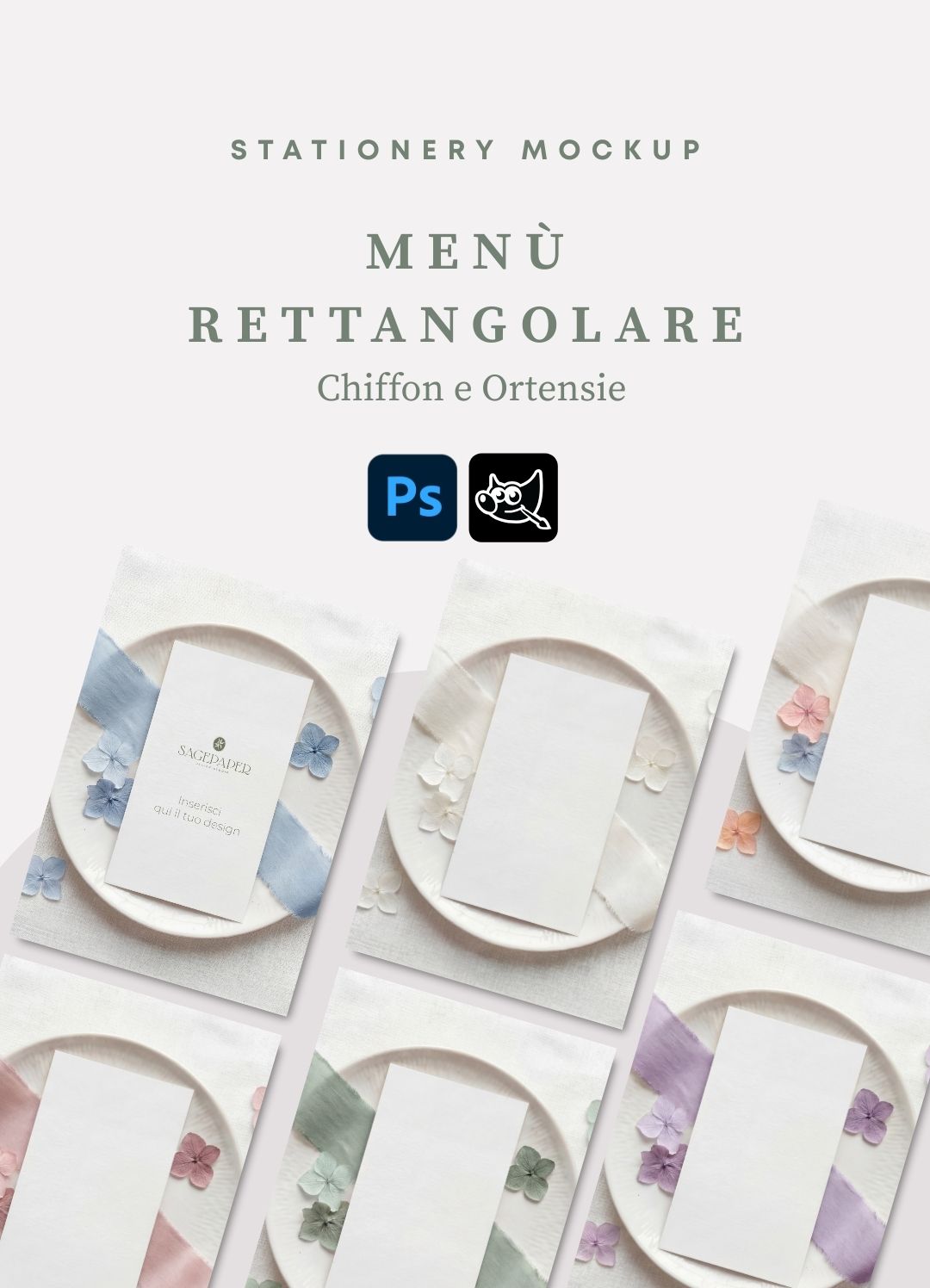 Stationery Mockup – Menù Rettangolare - Nastro e Ortensie