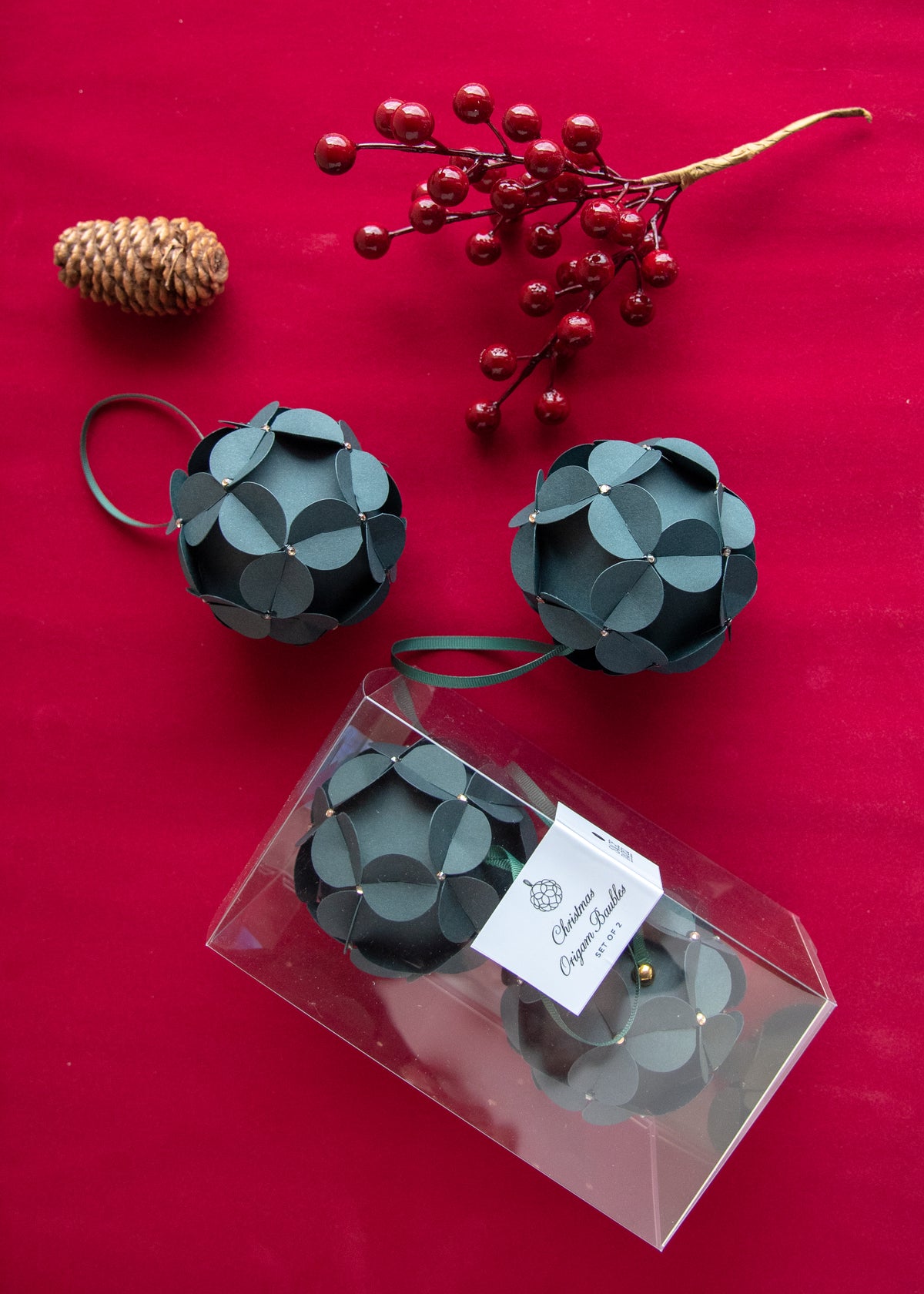 Christmas Origami Baubles – Set da 2- Verde Bottiglia